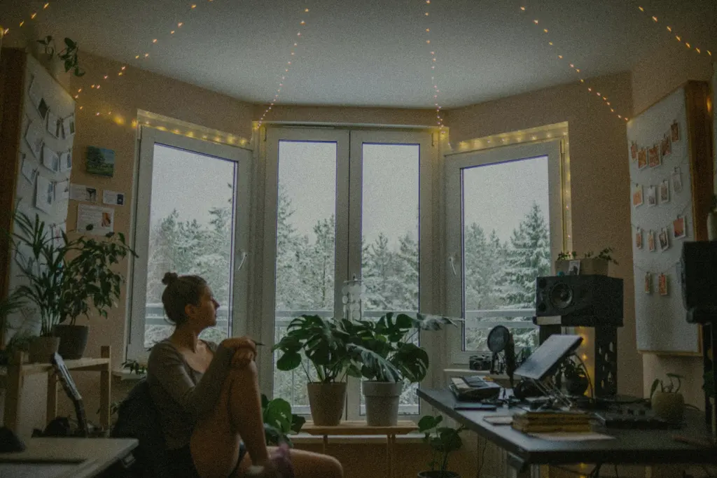 A woman sitting by a large window, snow-covered trees outside