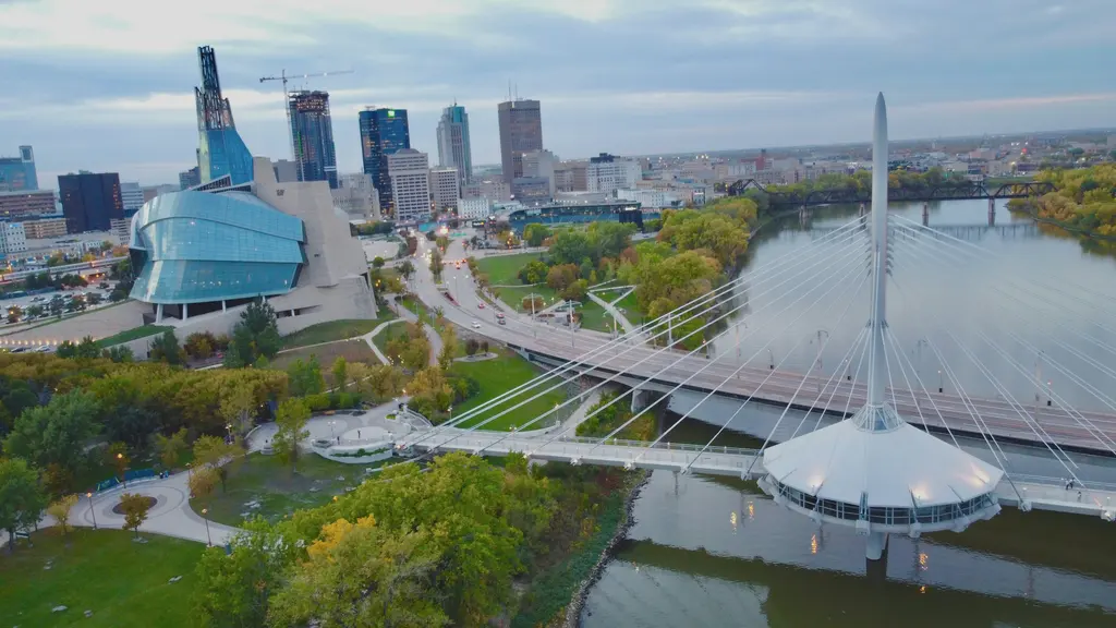 Winnipeg from above: the Canadian Museum for Human Rights and the Esplanade Riel bridge over the Red River